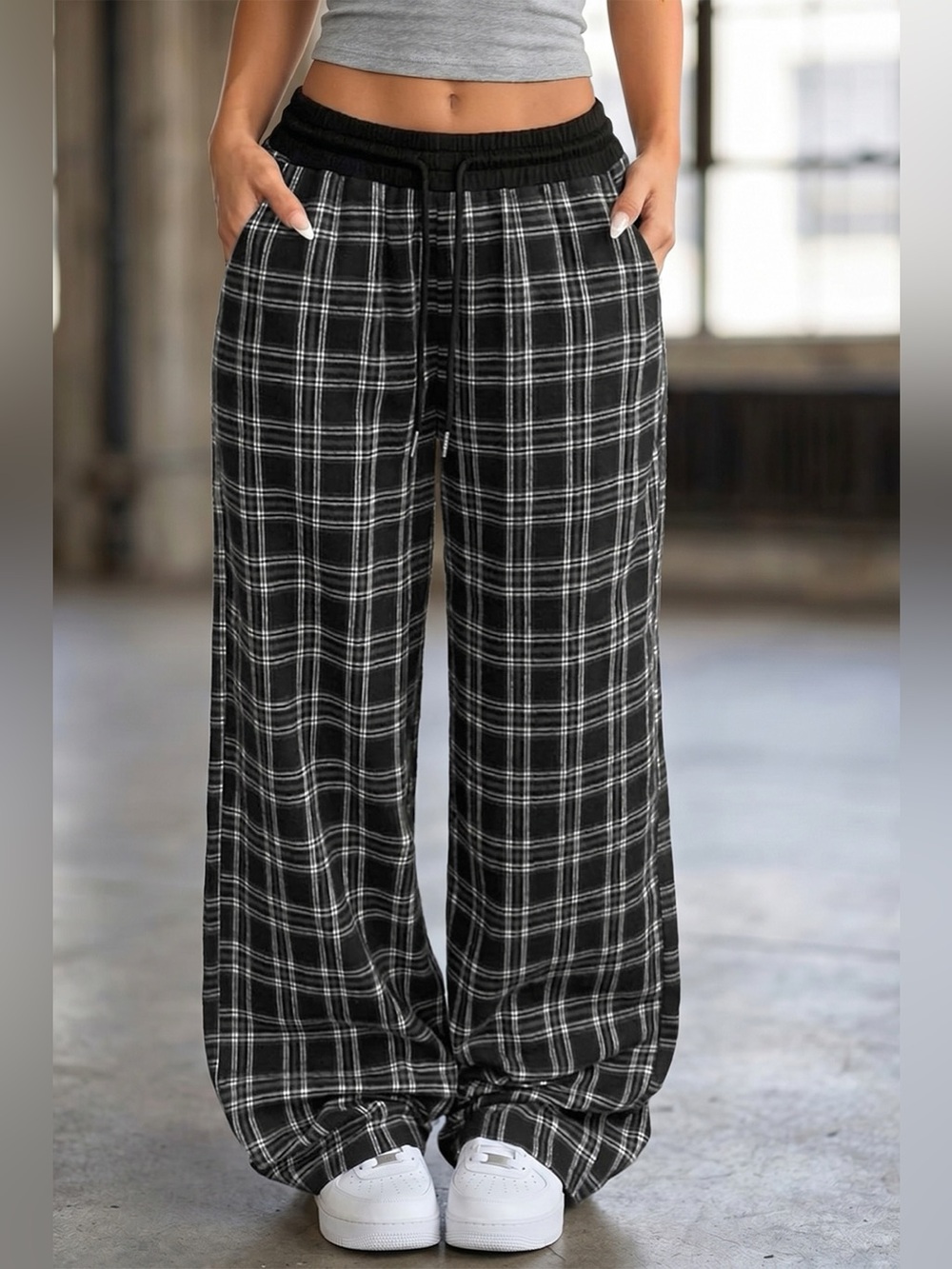 Plaid Wide-Leg Drawstring Pants - Picture 4 of 16
